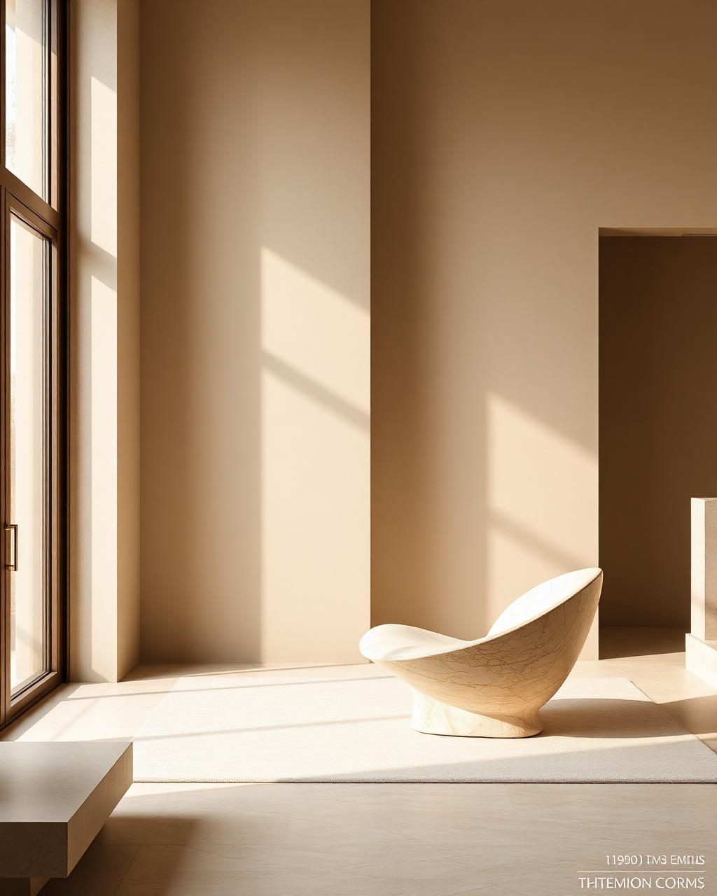 Minimalist interior with sculptural travertine chair and soft natural light